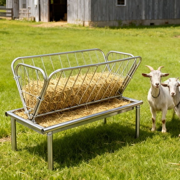 2 in 1 Livestock Feeder, Galvanized Steel Grain & Hay Feeder, 4 ft Outdoor Pasture Feeder with Feeding Pan for Deer, Cow, Sheep