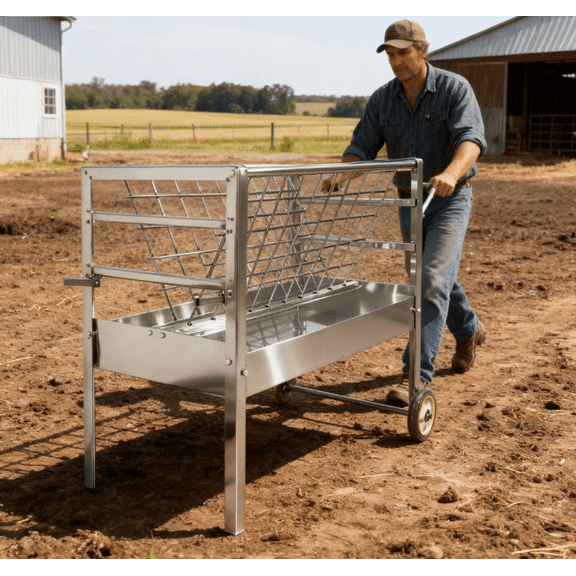2-in-1 Livestock Feeder with Wheels, 4 Ft Long Heavy Duty Pasture Hay Feeder Cart with 50 Gallon Feeding Pan, Stainless Steel Livestock Feeder for Sheep, Calf and Horse