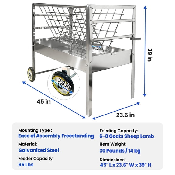 2-in-1 Livestock Hay Rack, Galvanized Steel Feeder with 7.8" Wheels, 65 lbs for Goat Sheep Farm