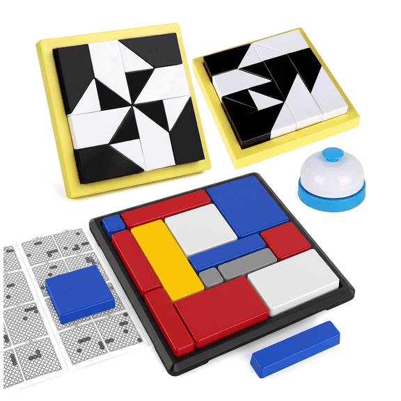 2-in-1 Logic Puzzle Game Set with Battle Bell - 160+ Brain Teaser STEM Challenges, Black & White Hidden Blocks and Color Logic Stacking Board Game for Kids, Teens, Adults & Family Travel