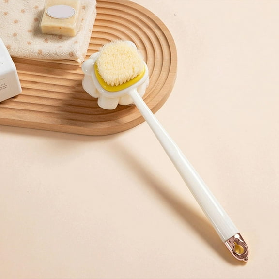2-in-1 Long Handle Back Scrub Brush, Double-Sided Soft Bristle Shower Tool with Bath Ball Flower, Hanging Rub Back Scrubber for Body