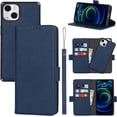 thumbnail image 1 of 2-in-1 Magnetic Detachable Wallet Case for iPhone 13, Card Slots Holder Genuine Leather Kickstand Shockproof Wrist Lanyard Strap Removable Flip Cover 5G 6.1",Blue, 1 of 7