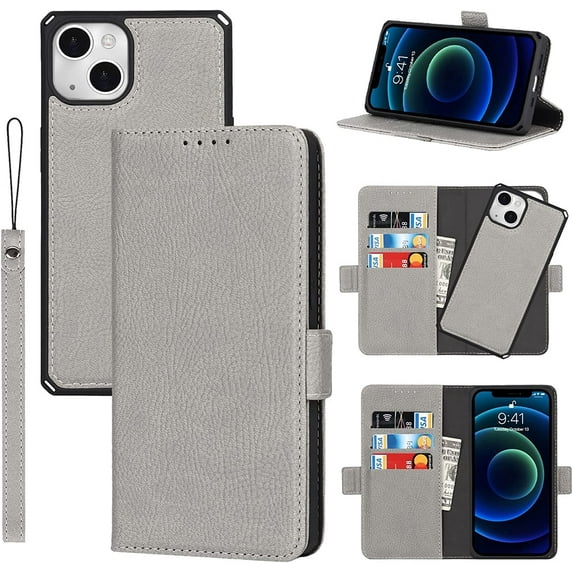2-in-1 Magnetic Detachable Wallet Case for iPhone 13, Card Slots Holder Genuine Leather Kickstand Shockproof Wrist Lanyard Strap Removable Flip Cover 5G 6.1",Gray
