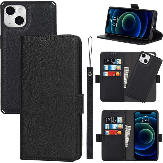 2-in-1 Magnetic Detachable Wallet Case for iPhone 13, Card Slots Holder Genuine Leather Kickstand Shockproof Wrist Lanyard Strap Removable Flip Cover 5G 6.1",Black