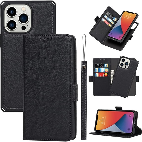 2-in-1 Magnetic Detachable Wallet Case for iPhone 13 Pro, Card Slots Holder Genuine Leather Kickstand Shockproof Wrist Lanyard Strap Removable Cover 5G 6.1",Black