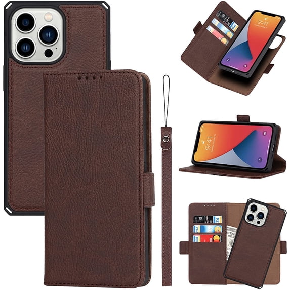 2-in-1 Magnetic Detachable Wallet Case for iPhone 13 Pro, Card Slots Holder Genuine Leather Kickstand Shockproof Wrist Lanyard Strap Removable Cover 5G 6.1",Brown