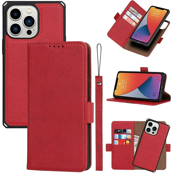 2-in-1 Magnetic Detachable Wallet Case for iPhone 13 Pro, Card Slots Holder Genuine Leather Kickstand Shockproof Wrist Lanyard Strap Removable Cover 5G 6.1",Red