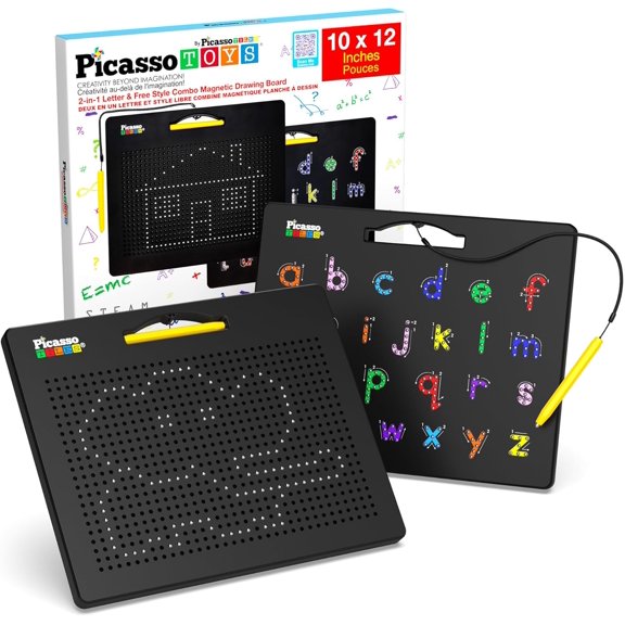 2-in-1 Magnetic Drawing Board Toy 12x10 inch Large Magnet Bead Tablet Pad with 2 Facings Alphabet STEM Free Style Educational Erasable & Reusable Learning Writing Playboard in Black PTB04