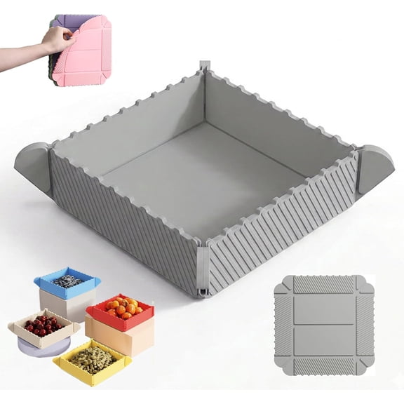 2-in-1 Magnetic Foldable Silicone Mat & Serving Tray, Heat Resistant Collapsible Tray for Kitchen Counter, Camping & RV(Gray)