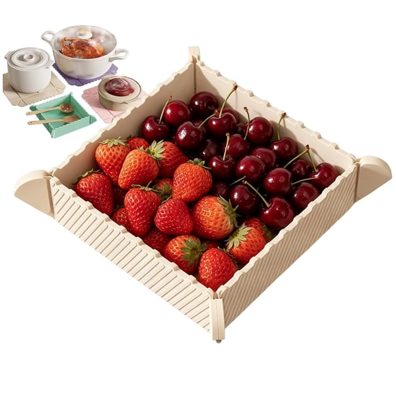 2-in-1 Magnetic Foldable Silicone Mat & Serving Tray, Heat Resistant Waterproof Collapsible Tray for Kitchen Counter, Camping & RV, Non-Slip Multi-Use Portable Storage Bowl(RL Beige 1 PC)
