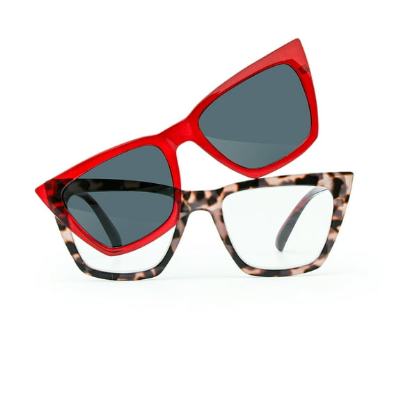 2-in-1 Magnetic Reading Glasses with Clip-On Sunglass Lenses Shades Anti-UV Smart-Click