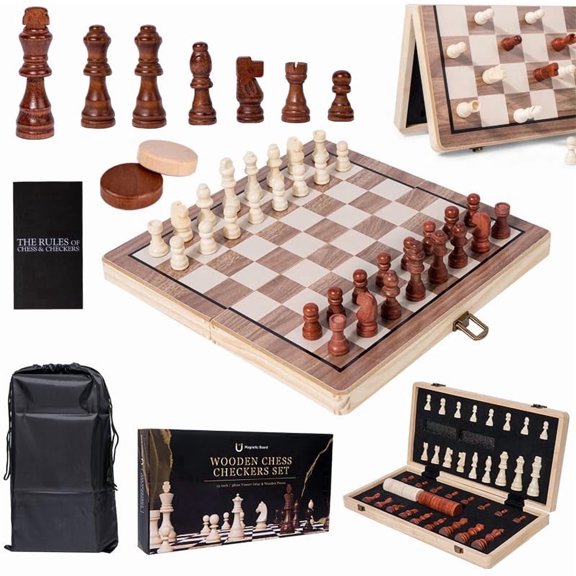 2in1 Magnetic Solid Wood Chess & Checkers Set, Large Foldable Board with Hidden Storage Slots, Portable Strategy Table Game for Adults, Premium Leisure Gift Set