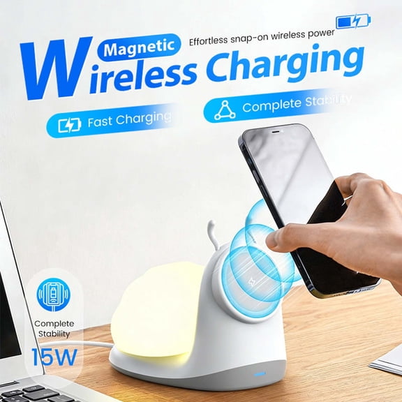 2-in-1 Magnetic Wireless Charger Stand: Cute Snail-Shaped 15W Qi Fast Charging Pad for iPhone 16/15/14/13/12 Pro Max Series & Cordless Tap-to-Light Bedside Night Lamp - (Desktop/Nightstand)
