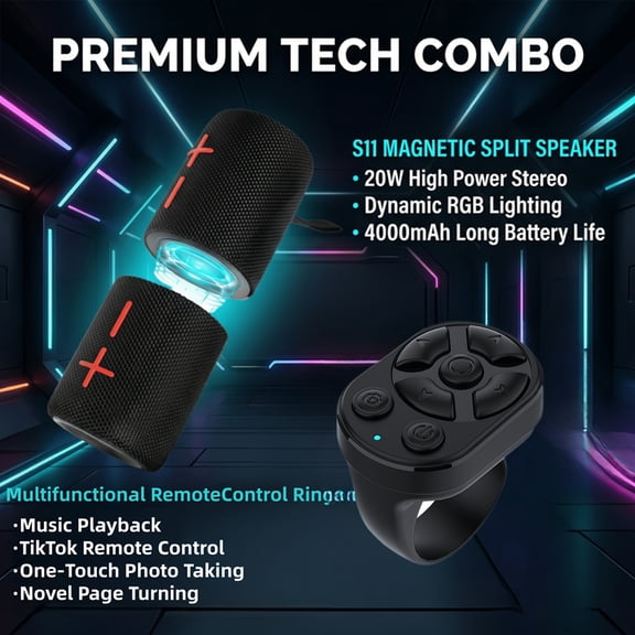 2-in-1 Magnetic Wireless Speaker & Remote Ring, 20W Portable TWS Speaker with RGB Lights, Bluetooth, TF/AUX, Magnetic Split Design, Phone Controller