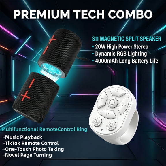 2-in-1 Magnetic Wireless Speaker & Remote Ring, 20W Portable TWS Speaker with RGB Lights, Bluetooth, TF/AUX, Magnetic Split Design, Phone Controller