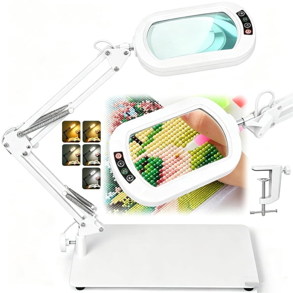 Veemagni Square Real Glass Magnifying Glass with Light, Clamp & Stand, 5 Color Modes Stepless Dimmable Hands-Free for Reading Craft Hobby Close Work - White