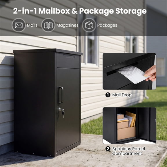 2-in-1 Mailbox Package Delivery Box Lockable Galvanized Steel Outdoor Black 34In 88LBS Capacity Heavy Duty Secure Porch Yard Curbside Doorstep Weather Resistant Parcel Mail Letter Magazine Slot Post