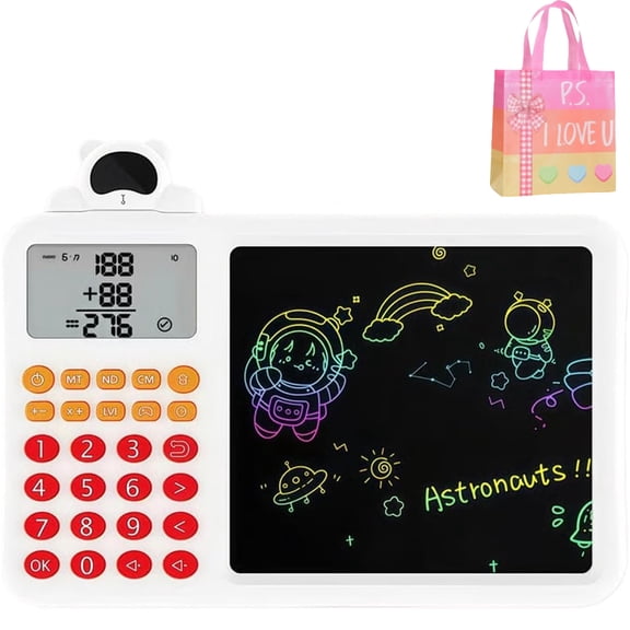 2-in-1 Math Learning Tablet & LCD Writing Pad White, Interactive Doodle Tool with Logic Question Bank for Calculation Sketching