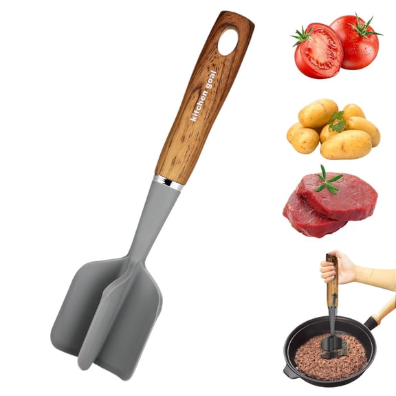 2-in-1 Meat Chopper and Masher, Heat Resistant Ground Meat Tool with Wood Grain Handle, Gray