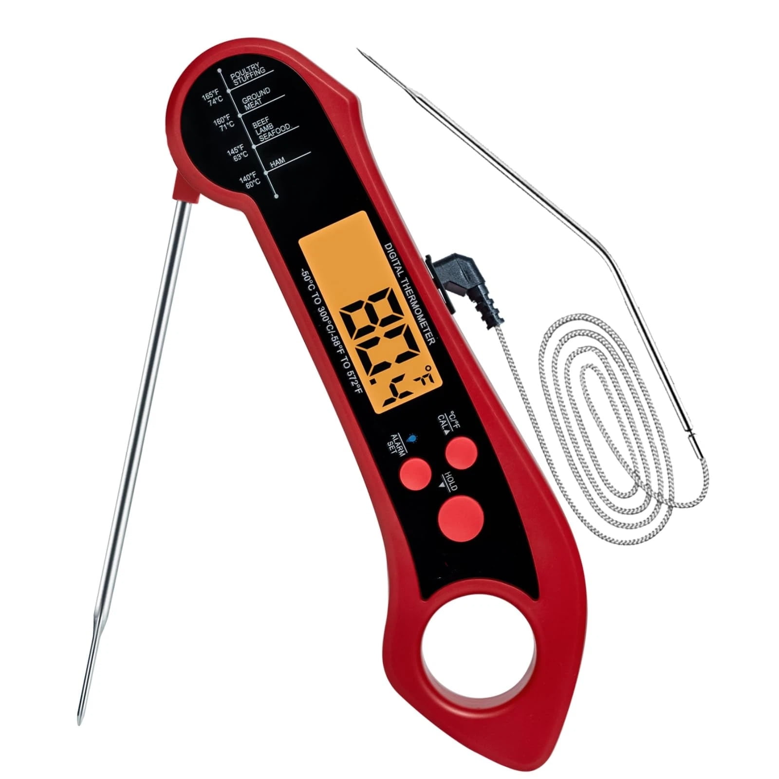 2-in-1 Meat Thermometer, Digital Instant Read Food Kitchen Thermometer with Dual Probes | Waterproof | Alarm Set | Calibration | Backlit | Hold Function for Cooking (Red)（17.5*5*1.8cm ）