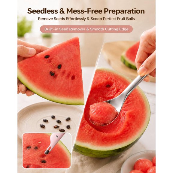 2-in-1 Melon Baller Scoop with Seed Removal Function Watermelon Scooper Small Spoons 304 Stainless Steel Fruit Picker Watermelons Accessories Multifunctional Ice Cream Dessert Spoons
