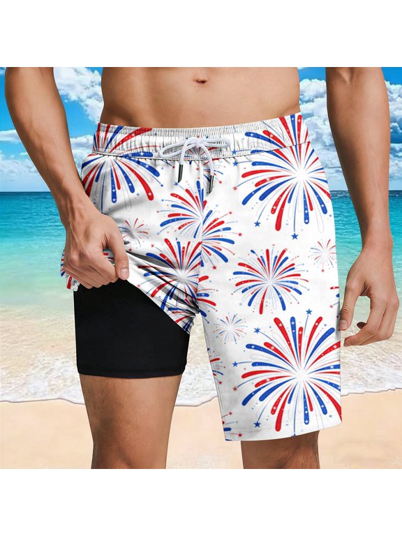 2 in 1 Men's Swimming Trunks, 4th of July Star Print Beach Shorts, Quickly Dry Elastic Waist Drawstring Bathing Suit with Pocketed