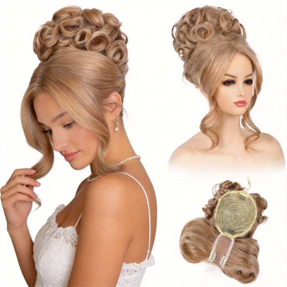 2-in-1 Messy Bun Hair Piece with Long Side Bangs - Quick Drawstring Ponytail Extension Updo Wig Topper for Women Daily Fast Commute