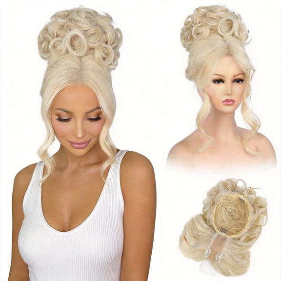 2-in-1 Messy Bun Hair Piece with Long Side Bangs - Quick Drawstring Ponytail Extension Updo Wig Topper for Women Daily Fast Commute