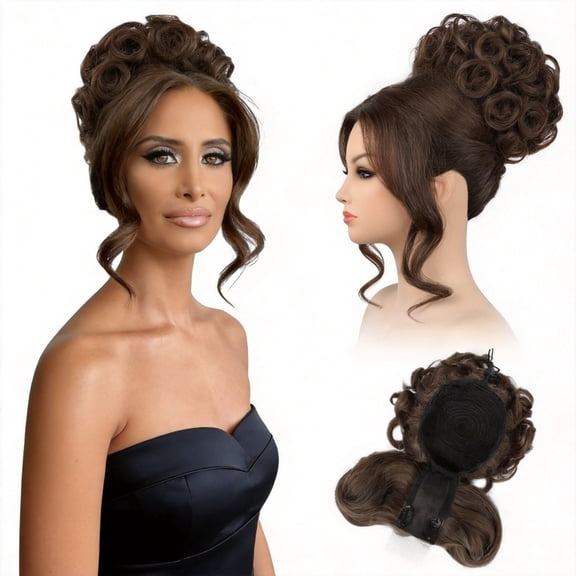 2-in-1 Messy Bun Hair Piece with Long Side Bangs - Quick Drawstring Ponytail Extension Updo Wig Topper for Women Daily Fast Commute