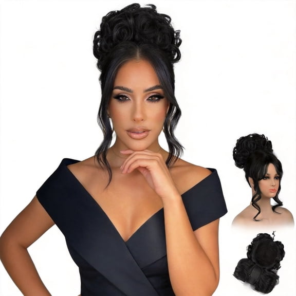 2-in-1 Messy Bun Hair Piece with Long Side Bangs - Quick Drawstring Ponytail Extension Updo Wig Topper for Women Daily Fast Commute