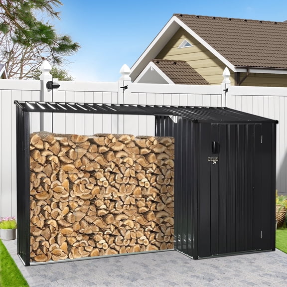 2-in-1 Metal Outdoor Storage with Tool Locker & Firewood Storage, 9 × 5 ft Firewood Shed , Steel Garden Sheds for Backyard Garden Patio Lawn, Black
