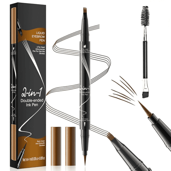 2-in-1 Microblading Eyebrow Pen Last All-Day Eyebrow Pencil Magical Waterproof Eye Brow Pencils with 4-Fork-Tip & Precise Brush-Tip for Natural Hair Like Strokes (Light Brown)