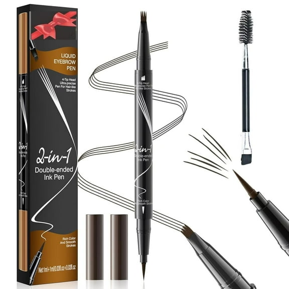 2-in-1 Microblading Eyebrow Pen Last All-Day Eyebrow Pencil Magical Waterproof Eye Brow Pencils with 4-Fork-Tip & Precise Brush-Tip for Natural Hair Like Strokes (Dark Brown)