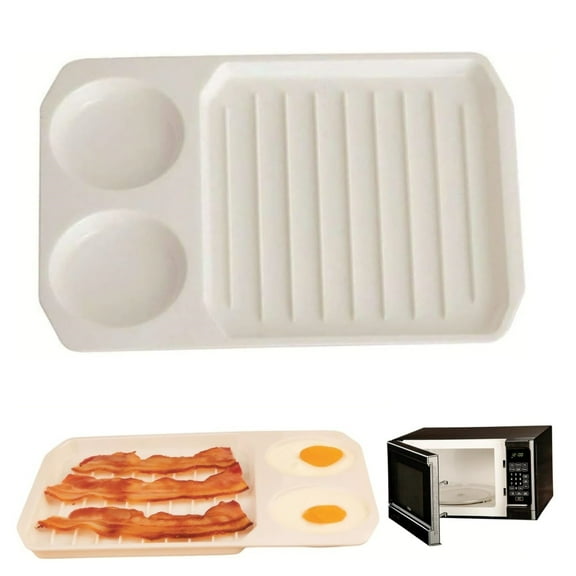 2-in-1 Microwave Cooker with Egg Tray, White Grooved Baking Pan Non-Stick Bacon and Egg Cooker for Quick Breakfast, Pasta, and Vegetables