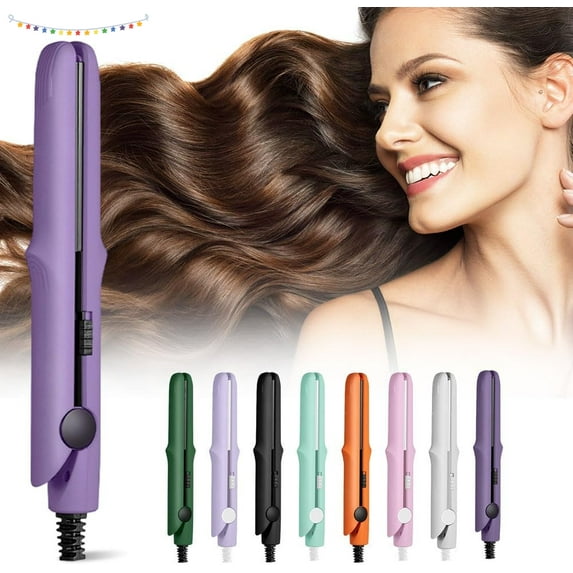 2-in-1 Mini Curling Wand Flat Iron Hair Straightener, Mini Dual Purpose Curling Iron, Portable Travel Curling Wand for Women Short Hair Short and All Hair Types (Purple)