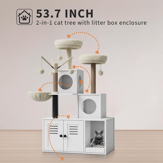 2-in-1 Modern Cat Litter Box Enclosure Cat Tree Tower with Scratching Post, Hammock & Perch