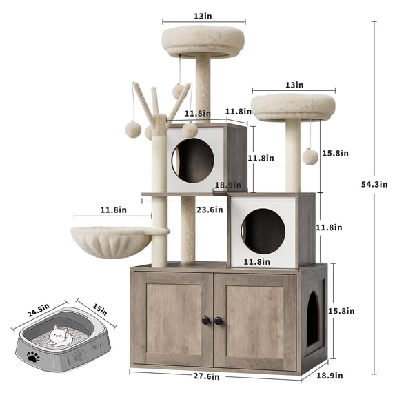 2-in-1 Modern Cat Litter Box Enclosure Cat Tree Tower with Scratching Post, Hammock & Perch