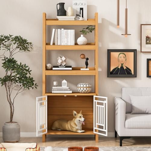 2-in-1 Modern Dog Crate & Bookcase - Space-Saving Leaning  Design with Storage Shelves, Ancient Oak MDF & Steel, 76" H for Small to Medium Pets$$Home Decor, Kitchen, & Other