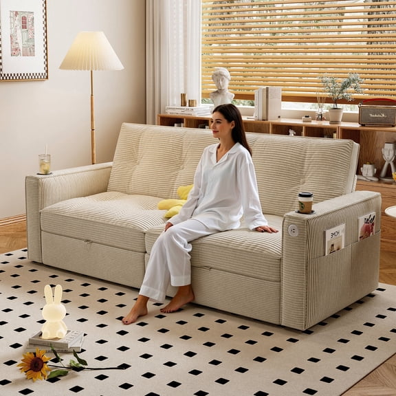 2-in-1 Multi-Functional Convertible Sofa Bed, Modern Corduroy Fabric Sofa Bed for Sitting & Sleeping, Foldable Lounge Couch Perfect for Living Room, Bedroom, Apartment and Small Spaces,White