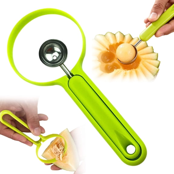 2‑in‑1 Multifunctional Fruit Scoop Tool, Melon Baller Scoop, Stainless Steel Melon Baller and Seed Remover, Handy Dual‑Purpose Kitchen Gadget for Homemade Fruit Salad Platter Preparation 1Pcs