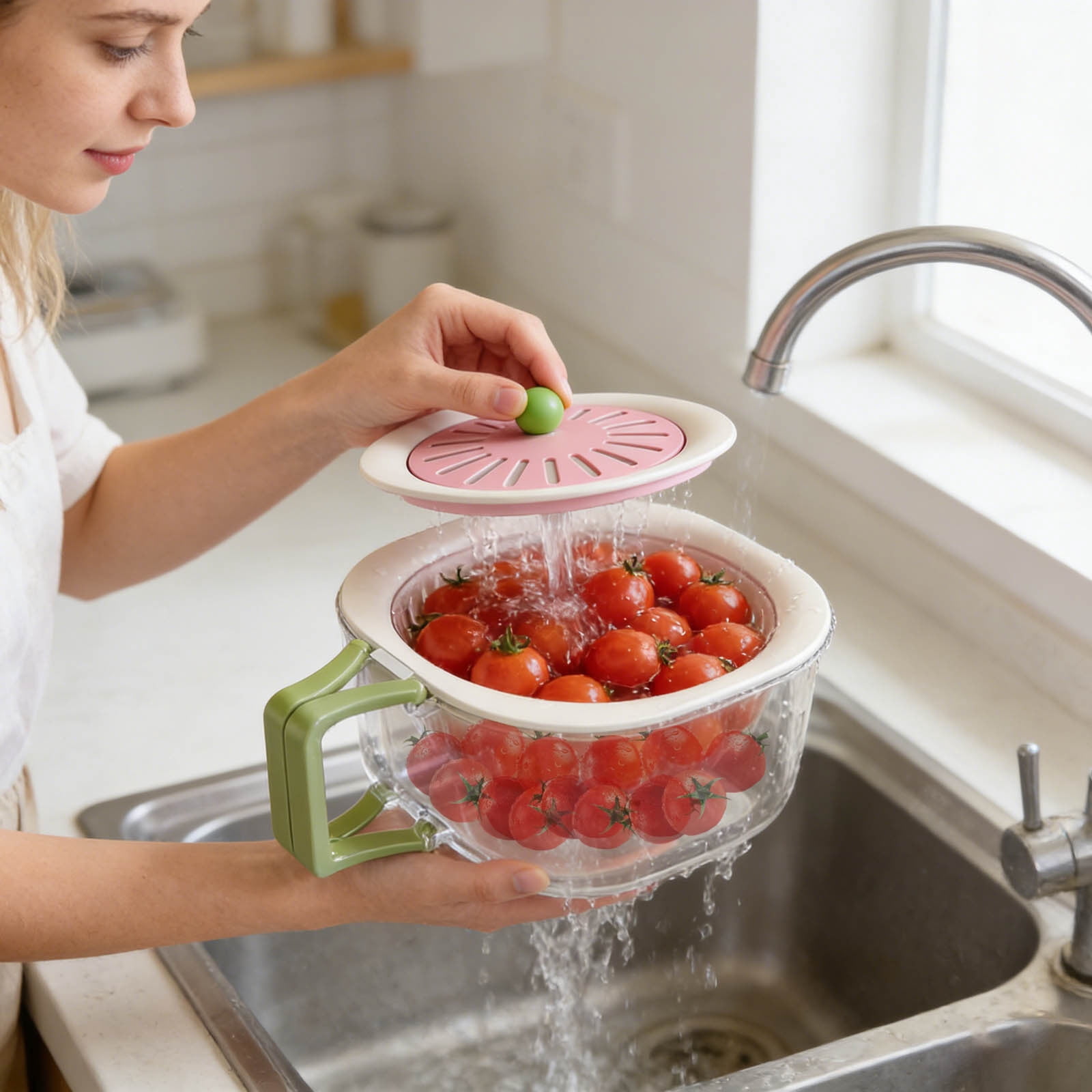 2-in-1 Multifunctional Fruit Vegetable Washing Bowl with Handle and Lid ...