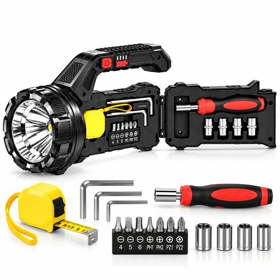 2-in-1 Multifunctional LED Spotlight with Built-in Tool Kit, 180 Fold-Open Portable Flashlight with Work Light, Handheld Searchlight for Camping, Car Repair, and Emergency Use (Tools Included)