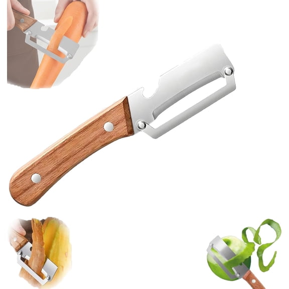 2-in-1 Multifunctional Vegetable Peeler with Wooden Handle & Stainless Steel Blade, Multifunctional Vegetable Peeler, Built-in Bottle Opener, Fruit & Vegetable Kitchen Peeling Tool (1Pcs)