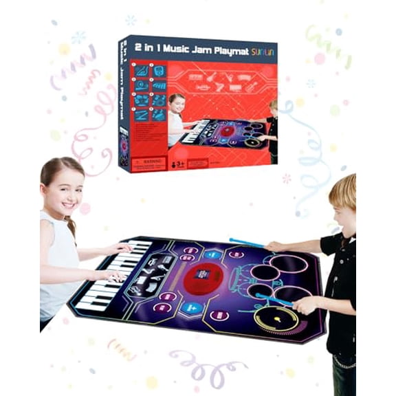 2-in-1 Music Jam Mat,Music Learning Toy for Boys Girls 3-6,Drum Set + Piano Mat,Toddler Birthday Gift 3 4 5 6 Years,Record & Playback,Built-in Songs,8 Instrument Sounds,Volume Control