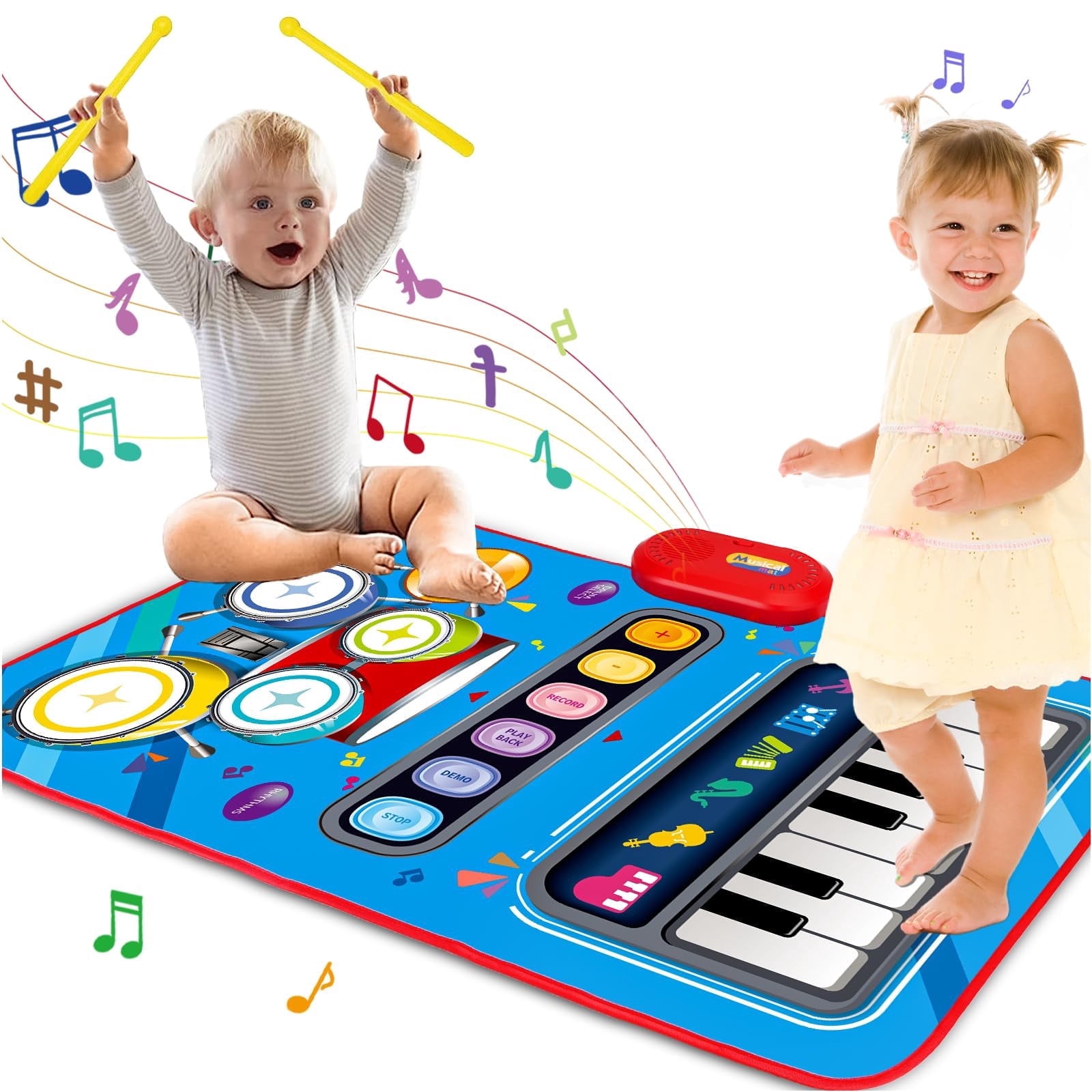 2 in 1 Musical Mat Toys Piano Keyboard & Drum Set with 2 Drum Sticks Baby Music Toy 12-18 Months Christmas Birthday Gifts