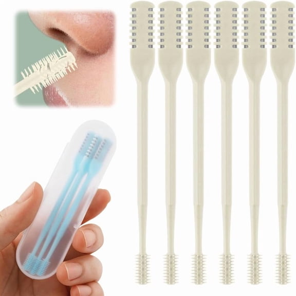 2-in-1 Nasal Hair Cutter, 2025 Upgrade 360° Rotating Nose Hair Trimmer with Double-Sided Blade & Ear Pick, Manual Nostril Hair Removal Tool for Men and Women, Soft Cleaning Brush (Beige, 6PCS)