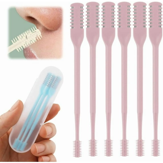 2-in-1 Nasal Hair Cutter, 2025 Upgrade 360° Rotating Nose Hair Trimmer with Double-Sided Blade & Ear Pick, Manual Nostril Hair Removal Tool for Men and Women, Soft Cleaning Brush (Pink, 6PCS)