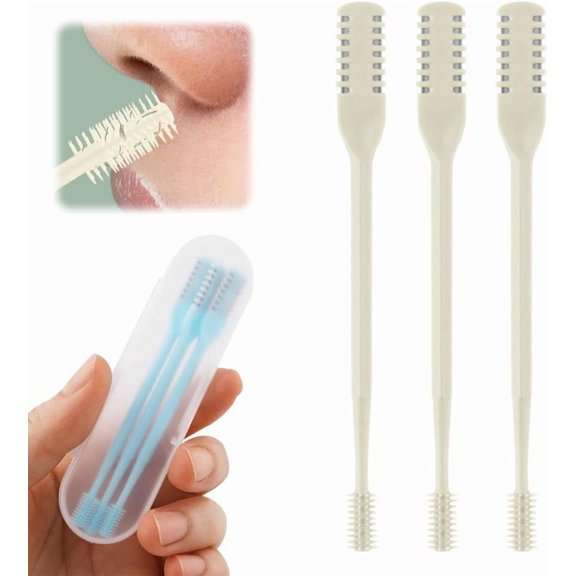 2-in-1 Nasal Hair Cutter, 2025 Upgrade 360° Rotating Nose Hair Trimmer with Double-Sided Blade & Ear Pick, Manual Nostril Hair Removal Tool for Men and Women, Soft Cleaning Brush (Beige, 3PCS)