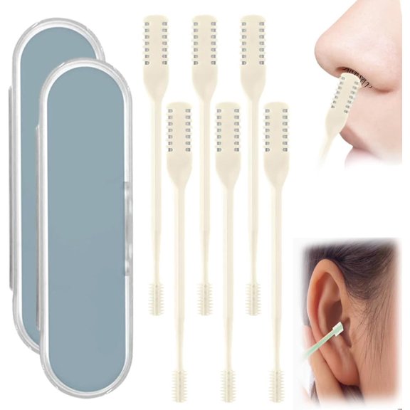 2-in-1 Nasal Hair Cutter, Nose Hair Trimmer for Men Women, 360° Rotating Portable Manual Nose Hair Remover Tool with Ear Picker, Double Sided Noses Hairs Knife Travel Essentials (Beige, 6PC)