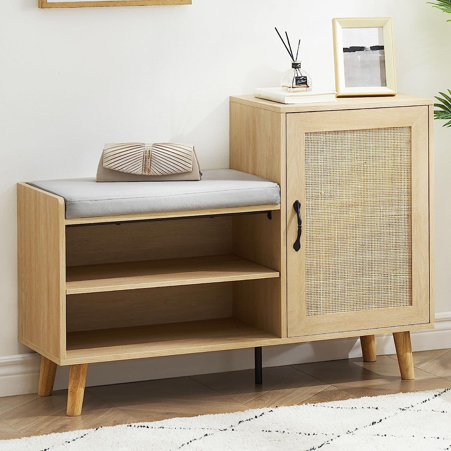 2-in-1 Natural Rattan Shoe Storage Bench & Cabinet with Padded Seat and Adjustable Shelf for Home Entrance, Hallway, Bedroom, Living Room, Dorm, and Small Apartment
